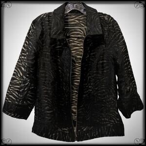 Clara S Black Sheer Mesh Textured Zip Up Shirt Jacket Zebra AOP Women's XL